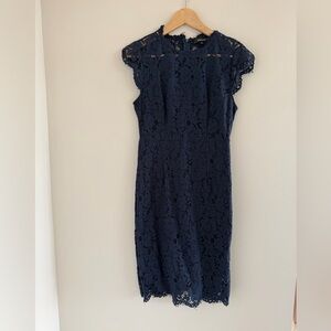 Merokeety Small Navy Blue Lace Dress Elegant Cocktail Party Wedding Guest Sheath